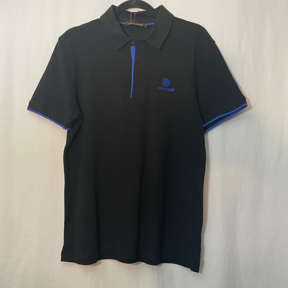 NWT: Roberto Cavalli men woven polo. Size: L Color: Black